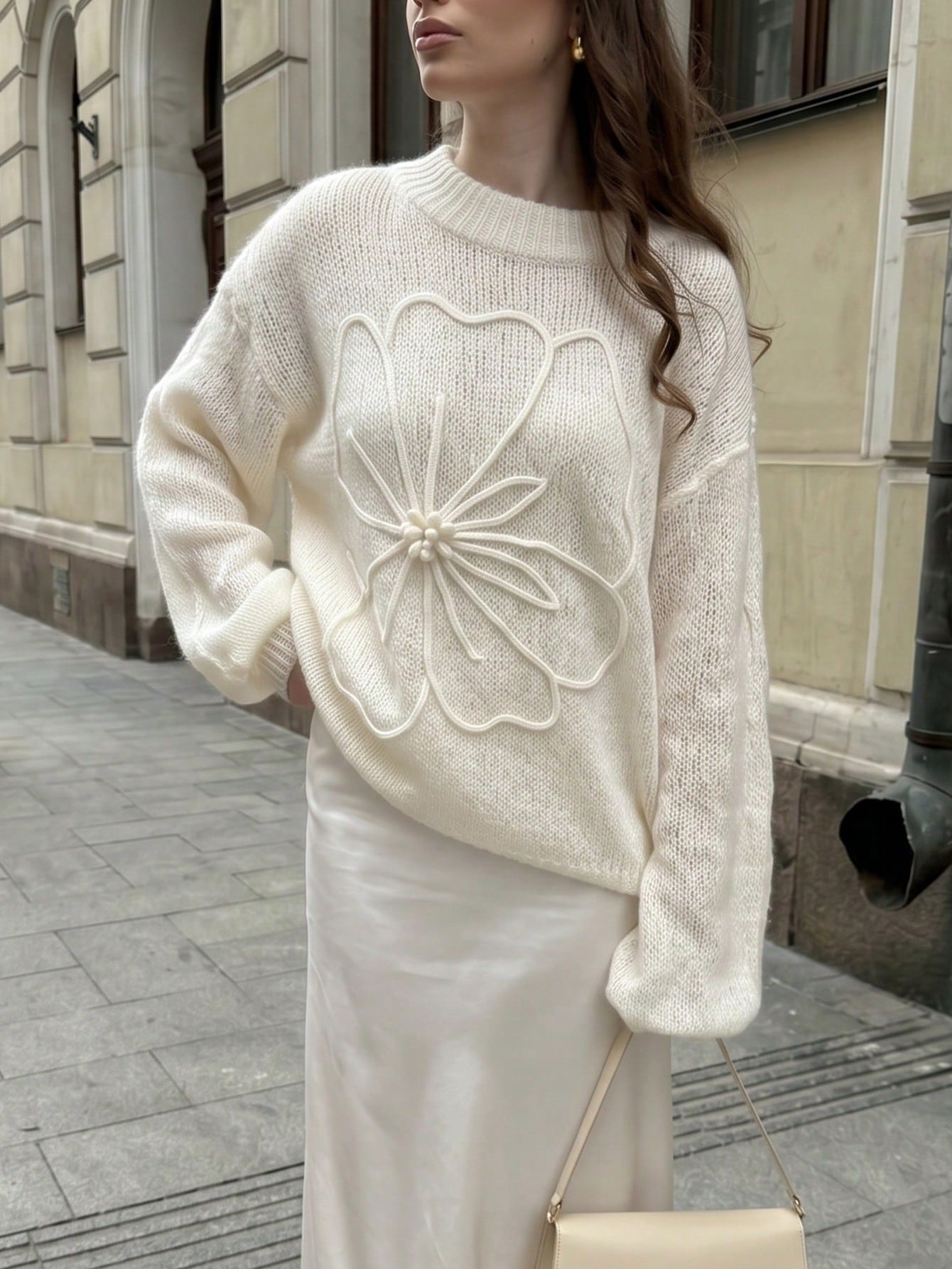Women's Elegant Cream Knitted Pullover Sweater, Decorated With Floral Applique, Long Sleeve Regular Length High Elasticity Top