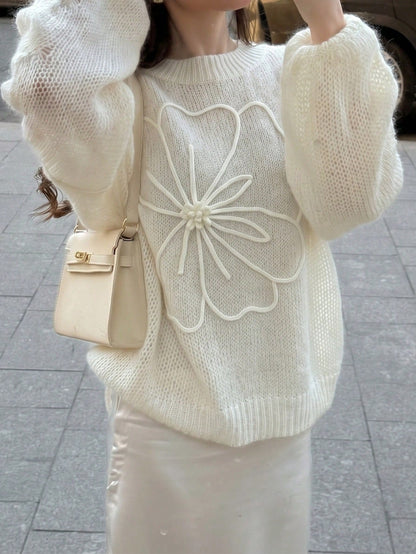 Women's Elegant Cream Knitted Pullover Sweater, Decorated With Floral Applique, Long Sleeve Regular Length High Elasticity Top