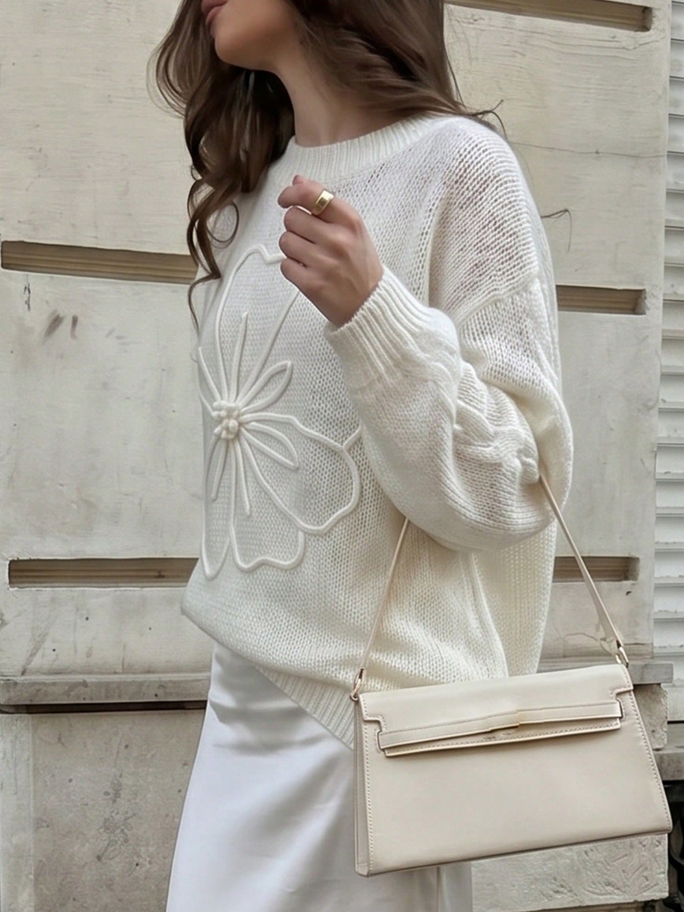 Women's Elegant Cream Knitted Pullover Sweater, Decorated With Floral Applique, Long Sleeve Regular Length High Elasticity Top