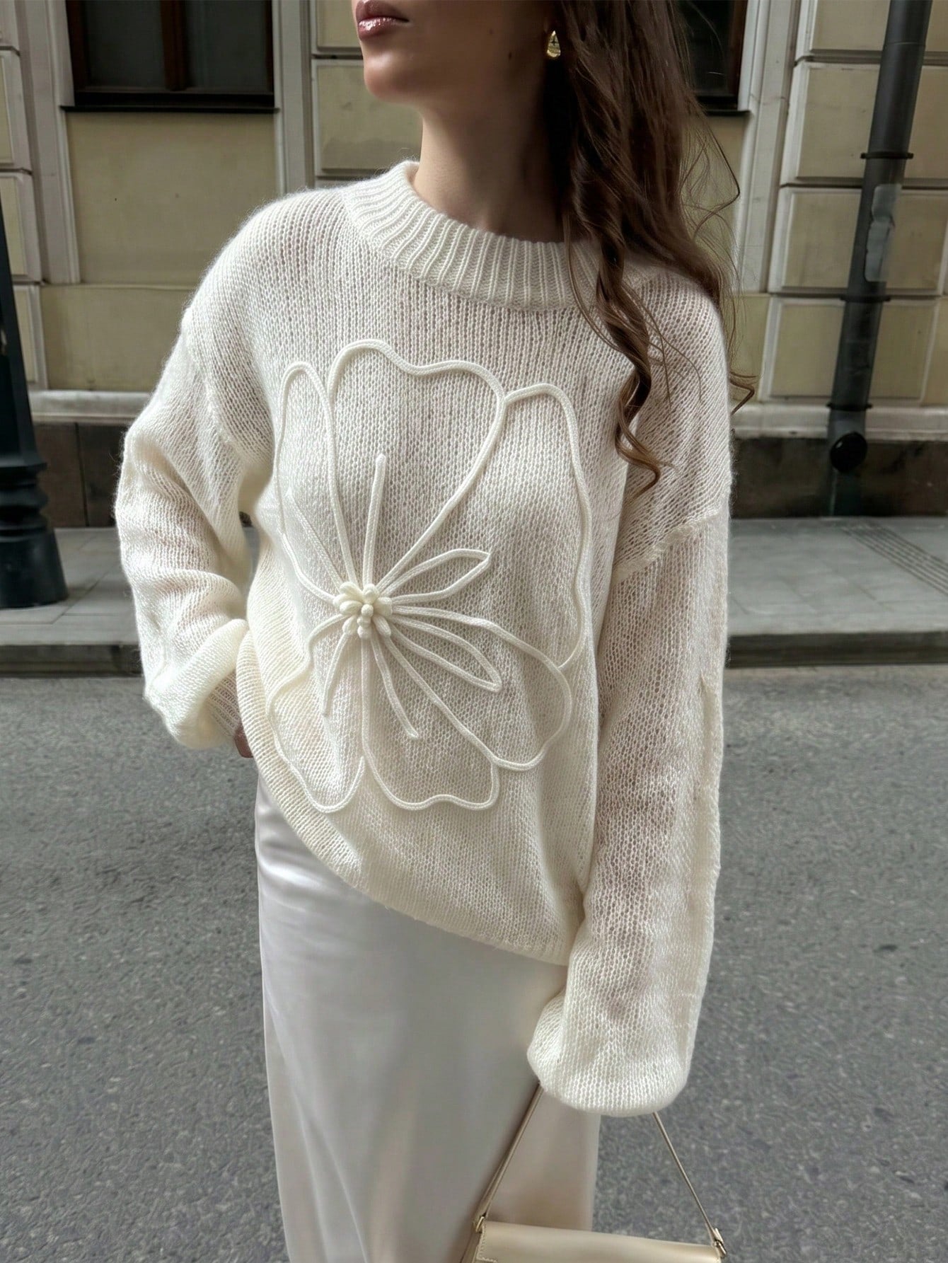 Women's Elegant Cream Knitted Pullover Sweater, Decorated With Floral Applique, Long Sleeve Regular Length High Elasticity Top
