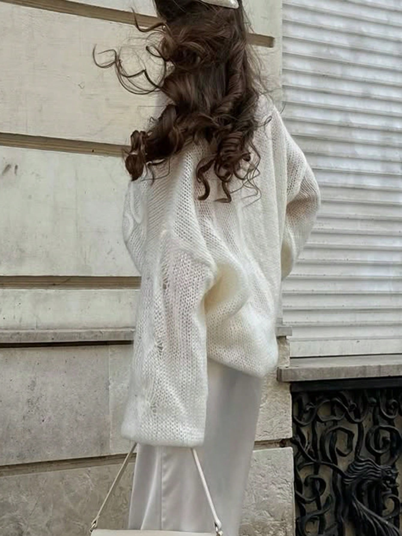 Women's Elegant Cream Knitted Pullover Sweater, Decorated With Floral Applique, Long Sleeve Regular Length High Elasticity Top