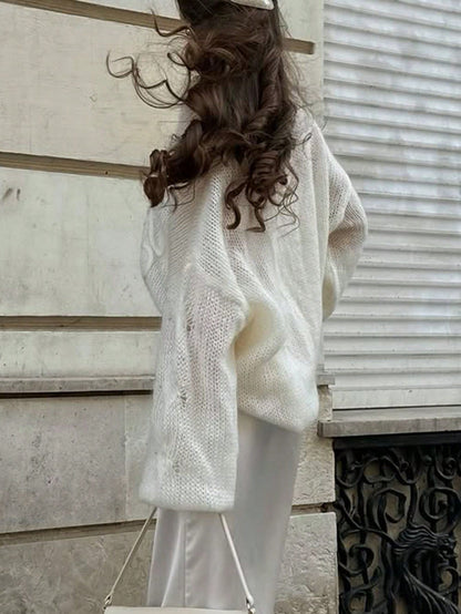 Women's Elegant Cream Knitted Pullover Sweater, Decorated With Floral Applique, Long Sleeve Regular Length High Elasticity Top