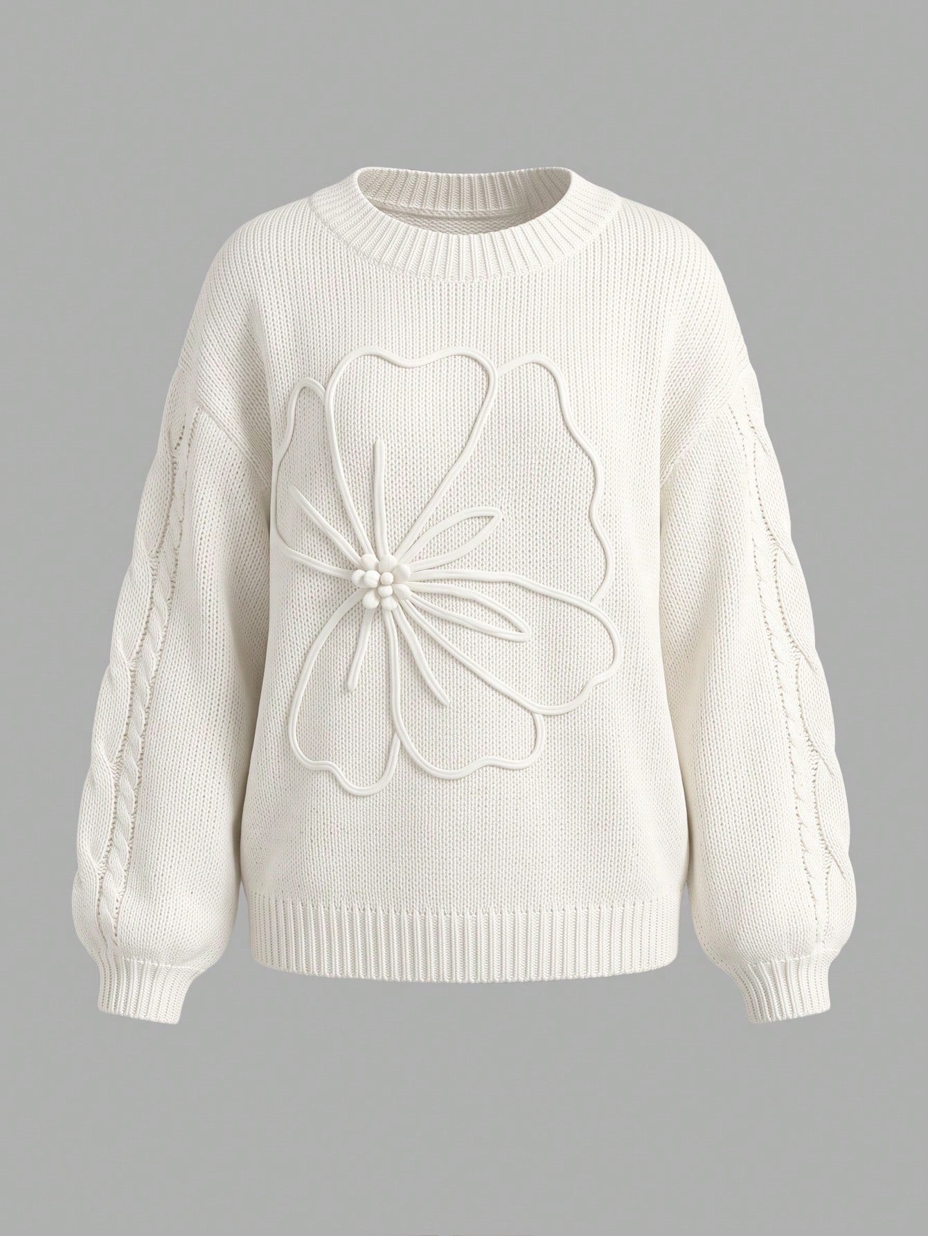 Women's Elegant Cream Knitted Pullover Sweater, Decorated With Floral Applique, Long Sleeve Regular Length High Elasticity Top