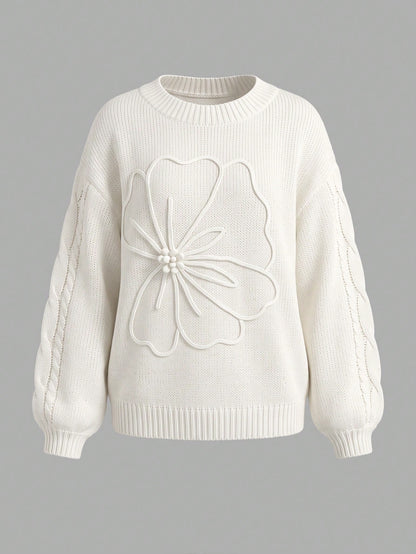Women's Elegant Cream Knitted Pullover Sweater, Decorated With Floral Applique, Long Sleeve Regular Length High Elasticity Top