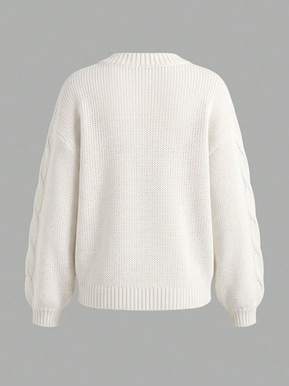 Women's Elegant Cream Knitted Pullover Sweater, Decorated With Floral Applique, Long Sleeve Regular Length High Elasticity Top