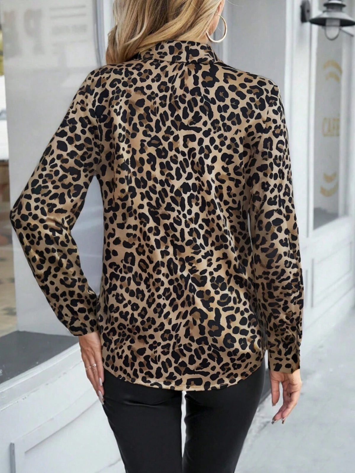 Women's Elegant Leopard Print Long Sleeve Drop Shoulder Formal Blouse, Fitted Business Casual Shirt, Basic Formal Wear Top Brown Vacation