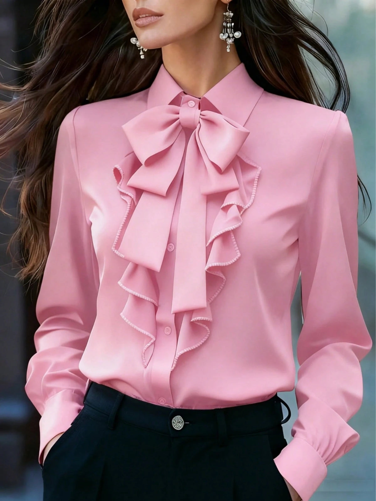 Women's Elegant Long Sleeve Blouse, Light Pink With Tie Collar, Ruffle And Bow Details, Regular Fit Top, Suitable For Work And Everyday Wear, Spring/Autumn