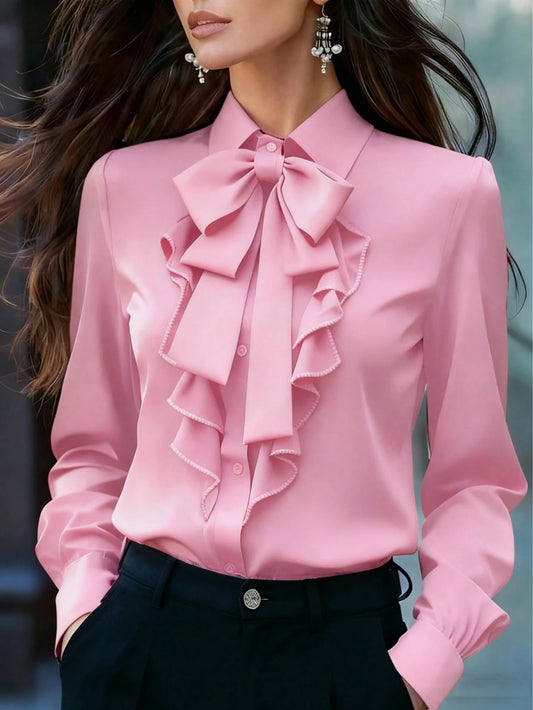 Women's Elegant Long Sleeve Blouse, Light Pink With Tie Collar, Ruffle And Bow Details, Regular Fit Top, Suitable For Work And Everyday Wear, Spring/Autumn
