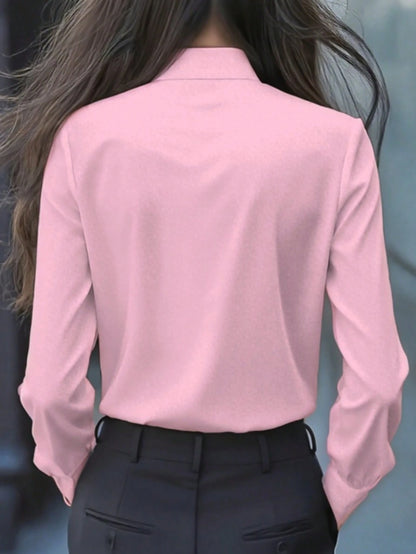 Women's Elegant Long Sleeve Blouse, Light Pink With Tie Collar, Ruffle And Bow Details, Regular Fit Top, Suitable For Work And Everyday Wear, Spring/Autumn