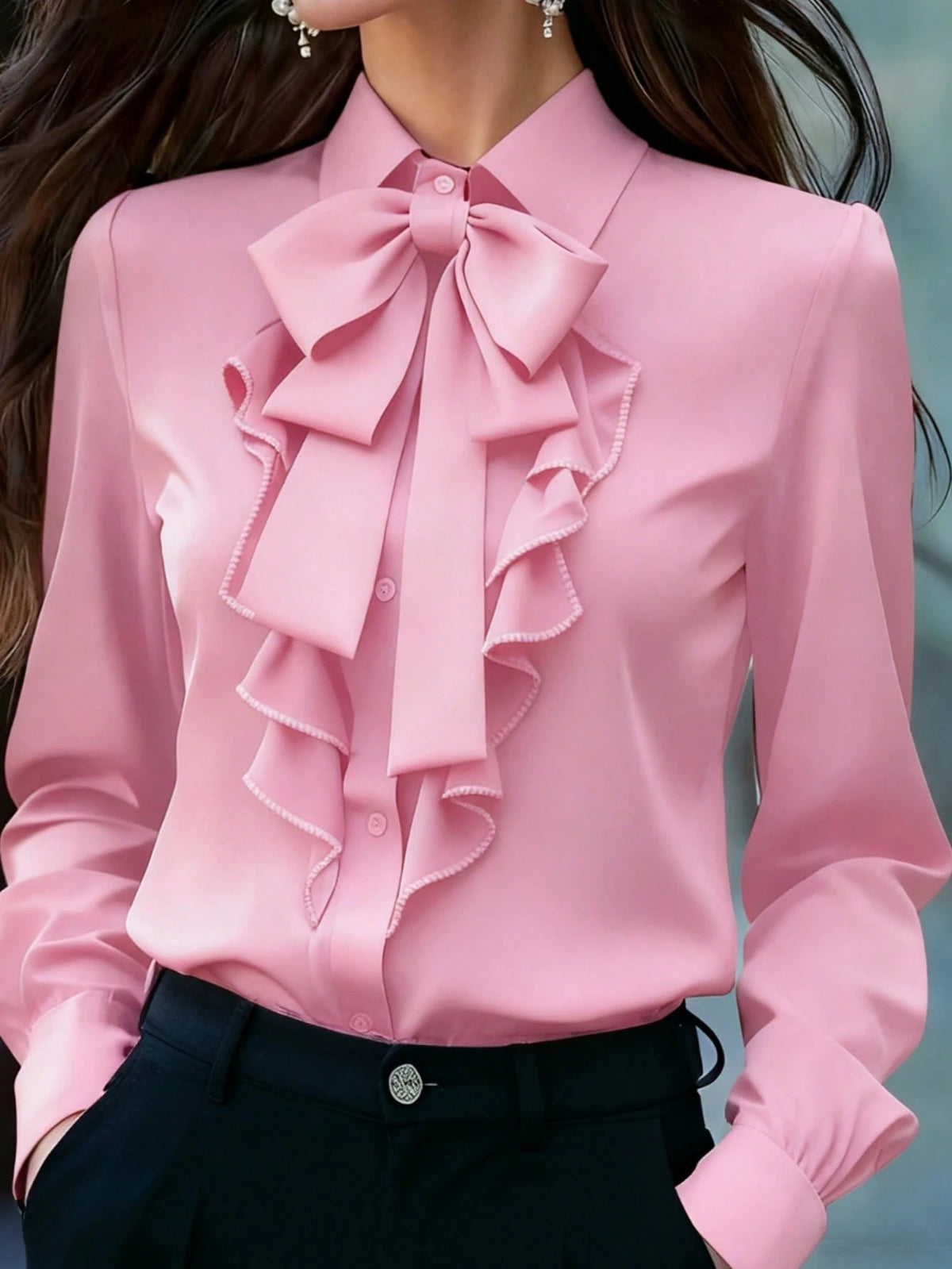 Women's Elegant Long Sleeve Blouse, Light Pink With Tie Collar, Ruffle And Bow Details, Regular Fit Top, Suitable For Work And Everyday Wear, Spring/Autumn