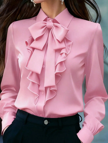 Women's Elegant Long Sleeve Blouse, Light Pink With Tie Collar, Ruffle And Bow Details, Regular Fit Top, Suitable For Work And Everyday Wear, Spring/Autumn
