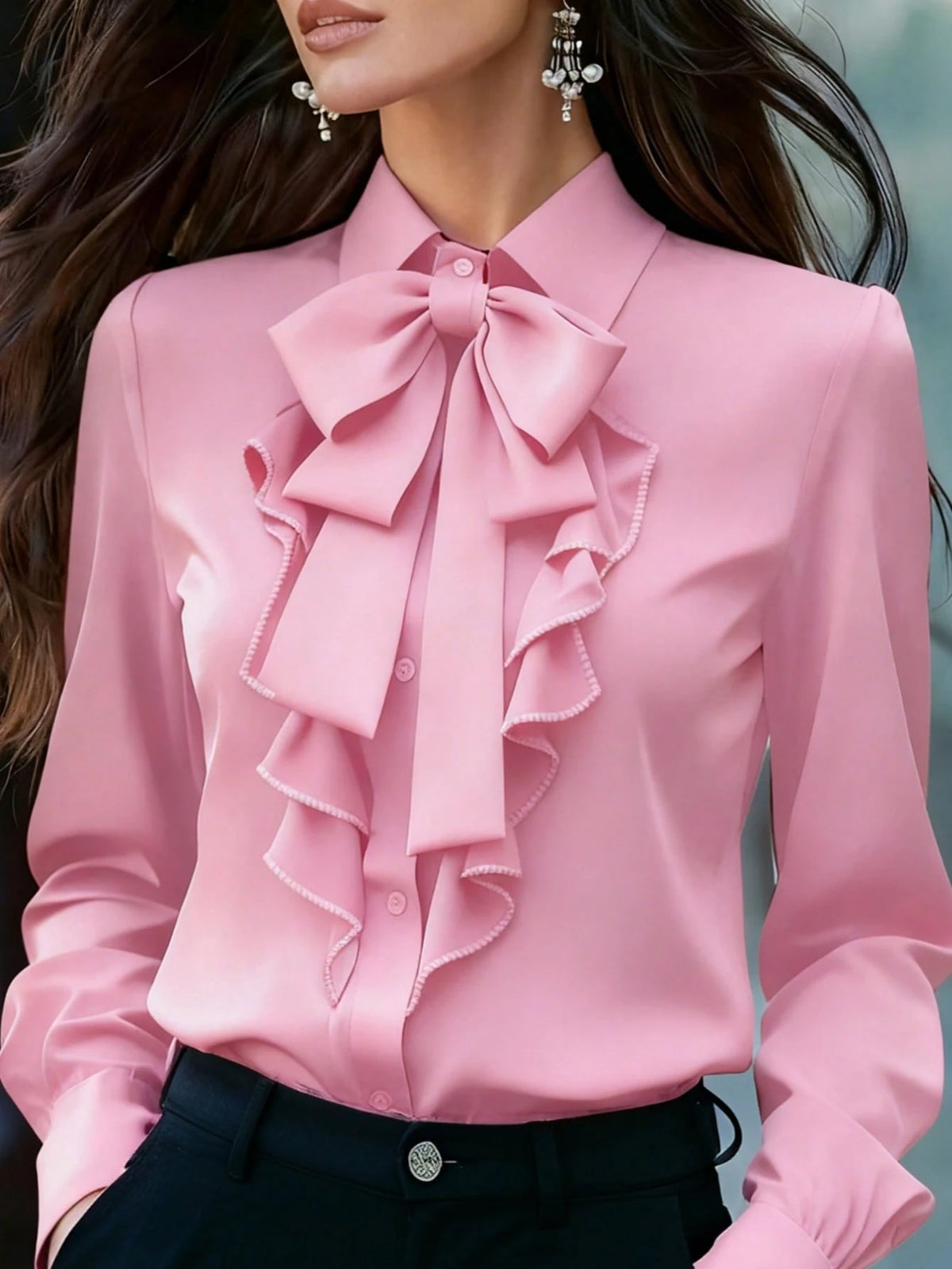 Women's Elegant Long Sleeve Blouse, Light Pink With Tie Collar, Ruffle And Bow Details, Regular Fit Top, Suitable For Work And Everyday Wear, Spring/Autumn