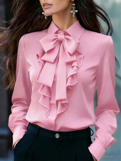 Women's Elegant Long Sleeve Blouse, Light Pink With Tie Collar, Ruffle And Bow Details, Regular Fit Top, Suitable For Work And Everyday Wear, Spring/Autumn