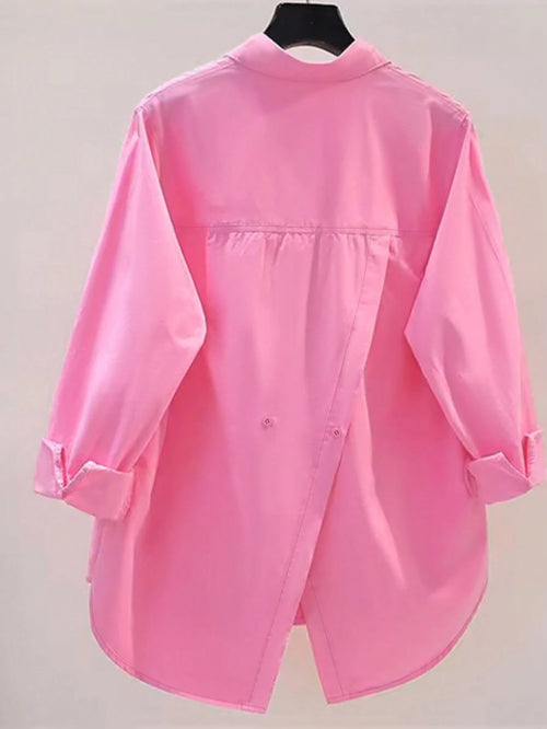 Women's Elegant Long Sleeve Blouse, Solid Color Woven Fabric, Front Button Placket, Slit, Suitable For Office And Everyday Wear, Spring/Autumn Pink