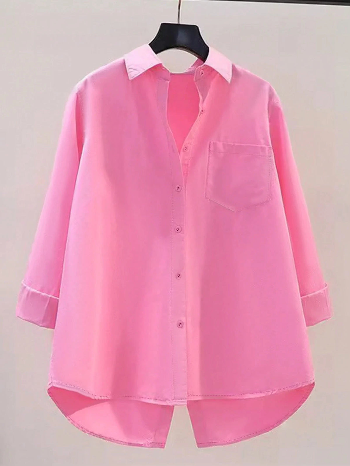 Women's Elegant Long Sleeve Blouse, Solid Color Woven Fabric, Front Button Placket, Slit, Suitable For Office And Everyday Wear, Spring/Autumn Pink