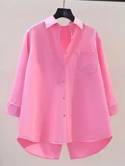 Women's Elegant Long Sleeve Blouse, Solid Color Woven Fabric, Front Button Placket, Slit, Suitable For Office And Everyday Wear, Spring/Autumn Pink