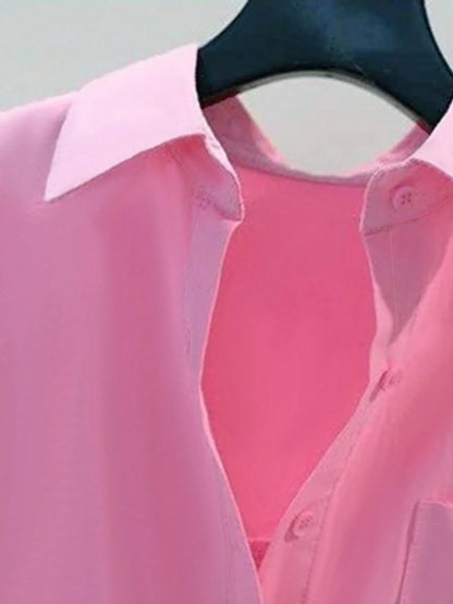Women's Elegant Long Sleeve Blouse, Solid Color Woven Fabric, Front Button Placket, Slit, Suitable For Office And Everyday Wear, Spring/Autumn Pink