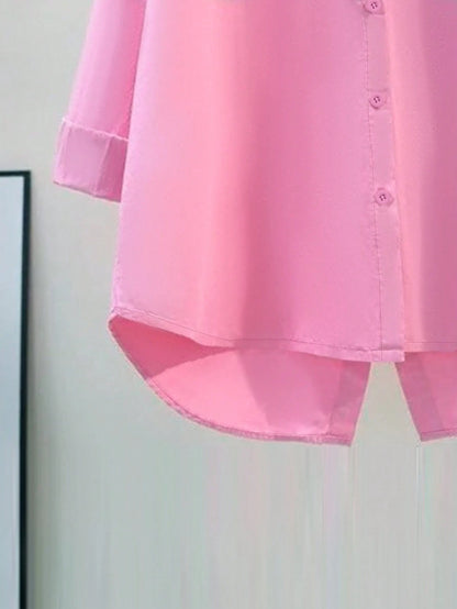 Women's Elegant Long Sleeve Blouse, Solid Color Woven Fabric, Front Button Placket, Slit, Suitable For Office And Everyday Wear, Spring/Autumn Pink