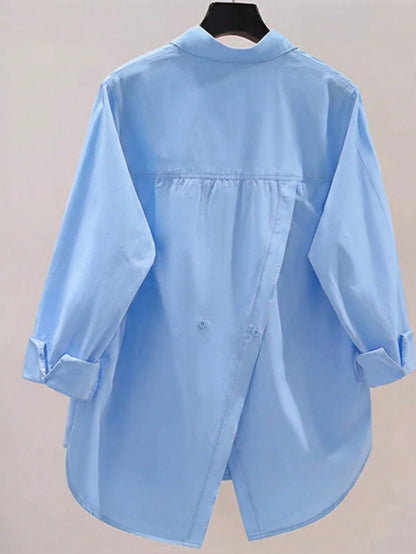 Women's Elegant Long Sleeve Blouse, Solid Color Woven Fabric, Front Button Placket, Slit, Suitable For Office And Everyday Wear, Spring/Autumn Pink