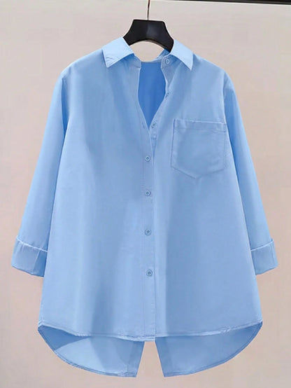 Women's Elegant Long Sleeve Blouse, Solid Color Woven Fabric, Front Button Placket, Slit, Suitable For Office And Everyday Wear, Spring/Autumn Pink