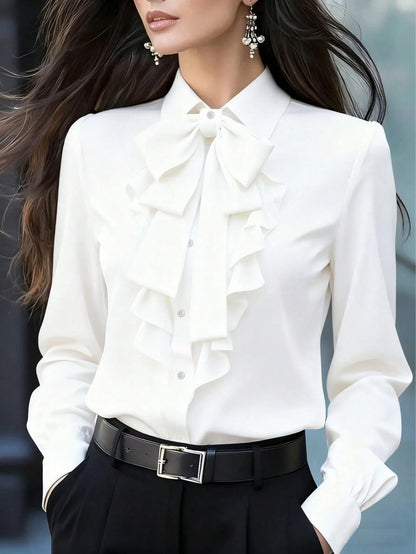 Women's Elegant Long Sleeve Blouse, White Collar Tie, Ruffle And Bow Details, Regular Fit Top, Suitable For Work, Spring, Autumn