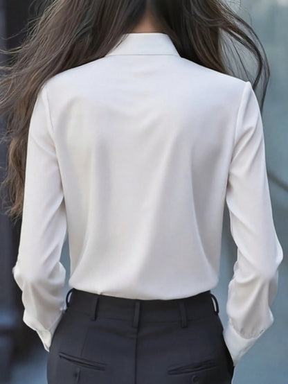 Women's Elegant Long Sleeve Blouse, White Collar Tie, Ruffle And Bow Details, Regular Fit Top, Suitable For Work, Spring, Autumn