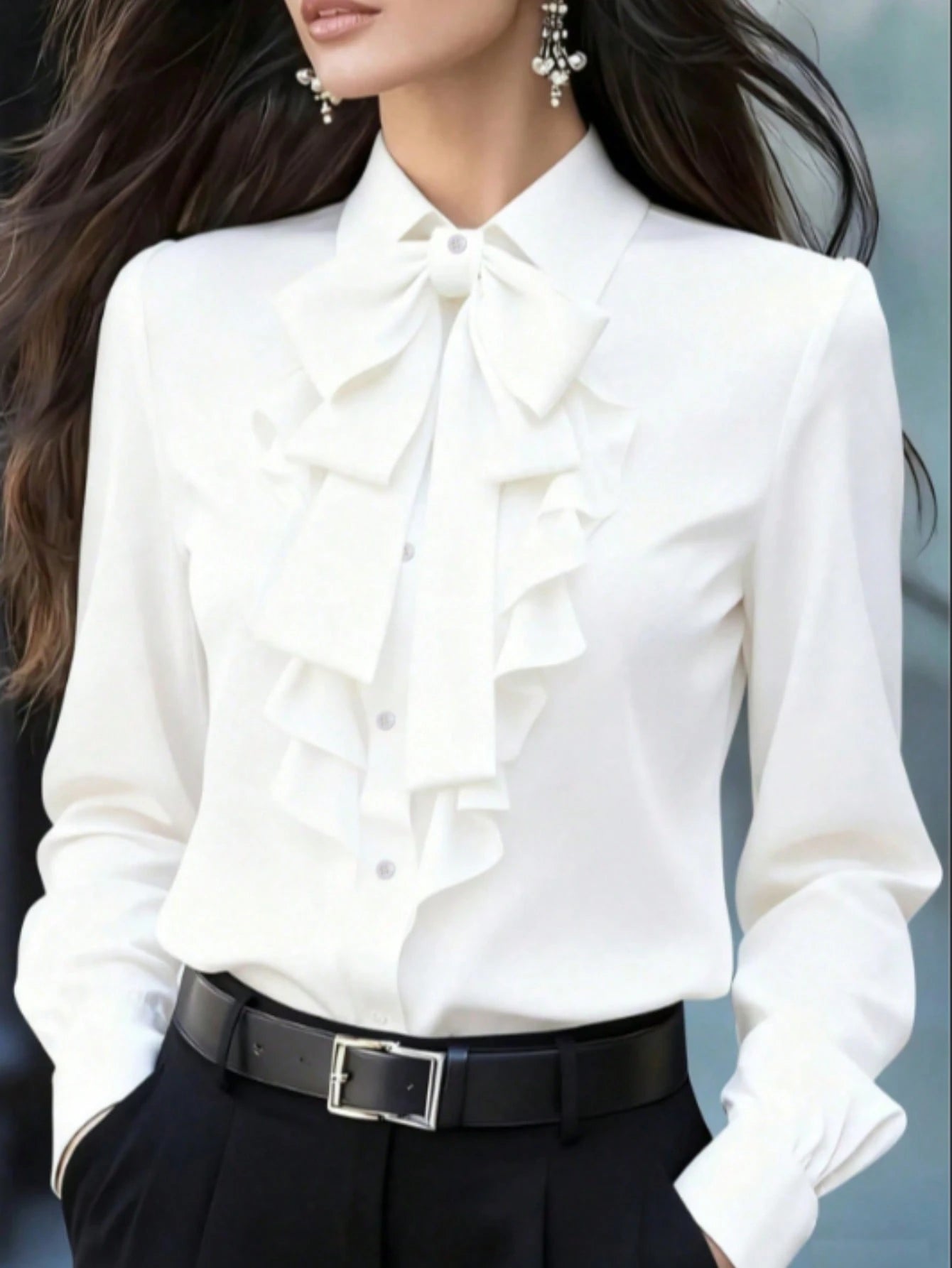 Women's Elegant Long Sleeve Blouse, White Collar Tie, Ruffle And Bow Details, Regular Fit Top, Suitable For Work, Spring, Autumn