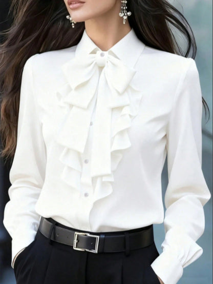 Women's Elegant Long Sleeve Blouse, White Collar Tie, Ruffle And Bow Details, Regular Fit Top, Suitable For Work, Spring, Autumn