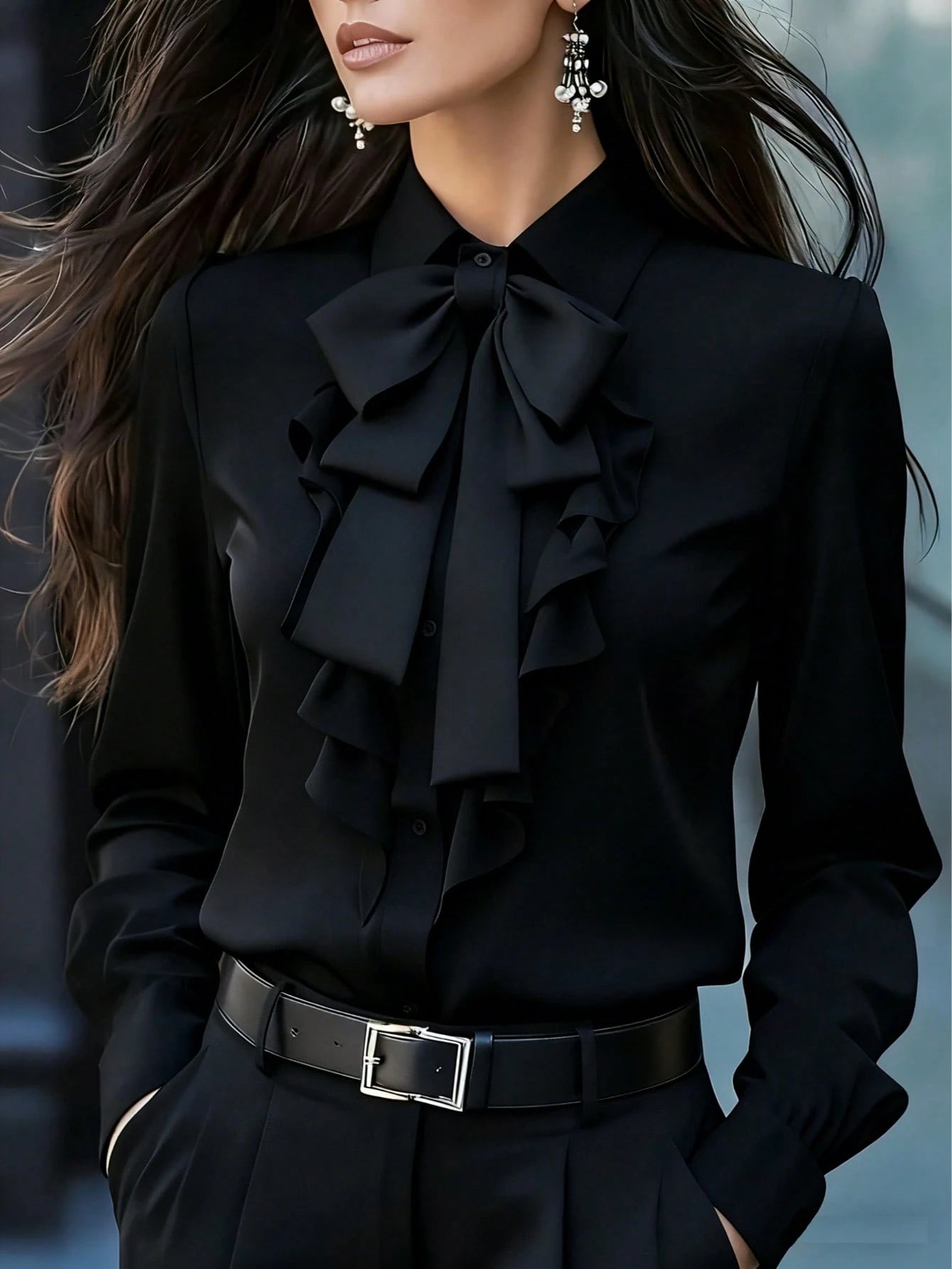 Women's Elegant Long Sleeve Blouse, White Collar Tie, Ruffle And Bow Details, Regular Fit Top, Suitable For Work, Spring, Autumn