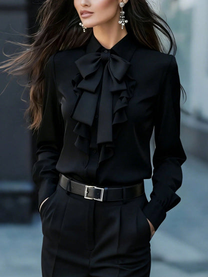 Women's Elegant Long Sleeve Blouse, White Collar Tie, Ruffle And Bow Details, Regular Fit Top, Suitable For Work, Spring, Autumn