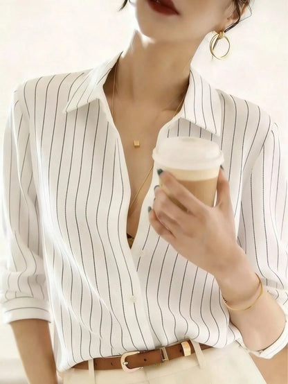 Women's Elegant Long Sleeve Striped Shirt With Collar Button, Regular Fit Spring White