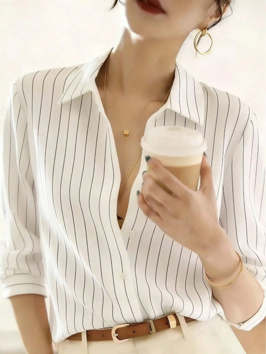 Women's Elegant Long Sleeve Striped Shirt With Collar Button, Regular Fit Spring White