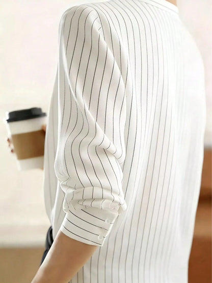 Women's Elegant Long Sleeve Striped Shirt With Collar Button, Regular Fit Spring White