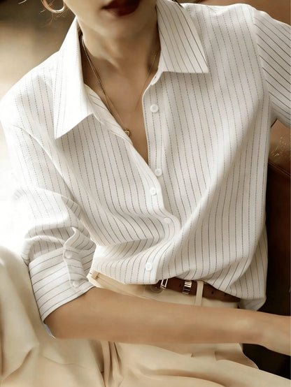 Women's Elegant Long Sleeve Striped Shirt With Collar Button, Regular Fit Spring White