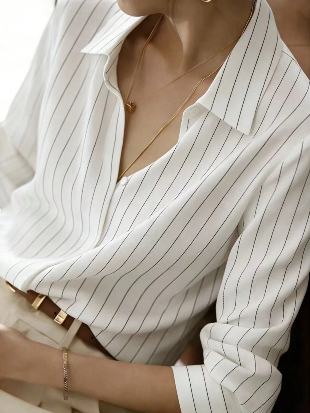 Women's Elegant Long Sleeve Striped Shirt With Collar Button, Regular Fit Spring White