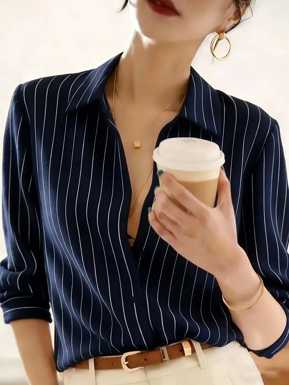 Women's Elegant Long Sleeve Striped Shirt With Collar Button, Regular Fit Spring White