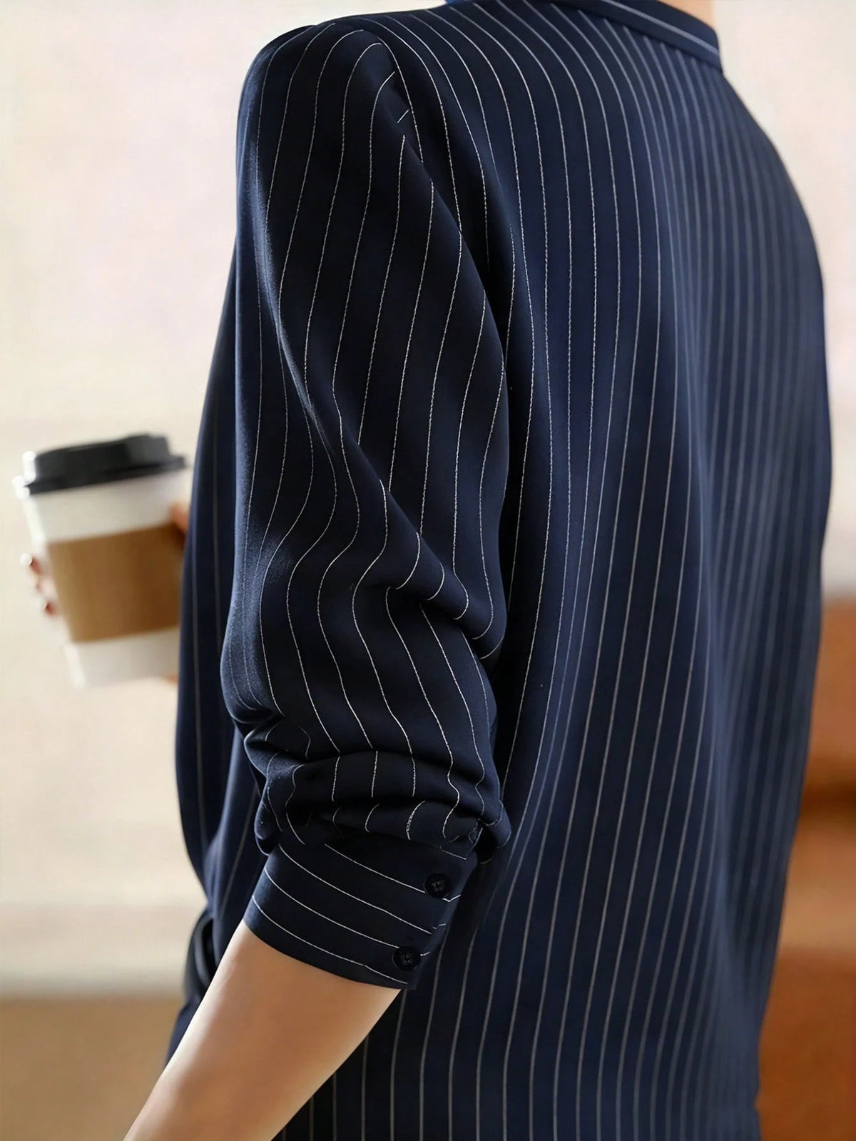 Women's Elegant Long Sleeve Striped Shirt With Collar Button, Regular Fit Spring White