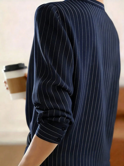 Women's Elegant Long Sleeve Striped Shirt With Collar Button, Regular Fit Spring White