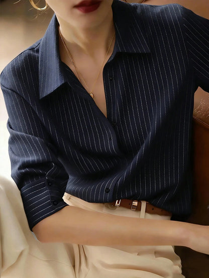Women's Elegant Long Sleeve Striped Shirt With Collar Button, Regular Fit Spring White