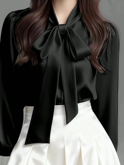 Women's Elegant Satin White Long Sleeve Casual Shirt, Versatile Commuter Chic Blouse With Bow Neck Detail, Solid Color Black