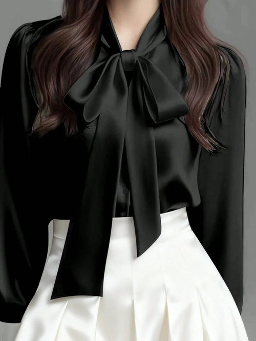 Women's Elegant Satin White Long Sleeve Casual Shirt, Versatile Commuter Chic Blouse With Bow Neck Detail, Solid Color Black