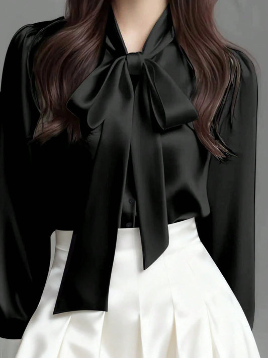 Women's Elegant Satin White Long Sleeve Casual Shirt, Versatile Commuter Chic Blouse With Bow Neck Detail, Solid Color Black