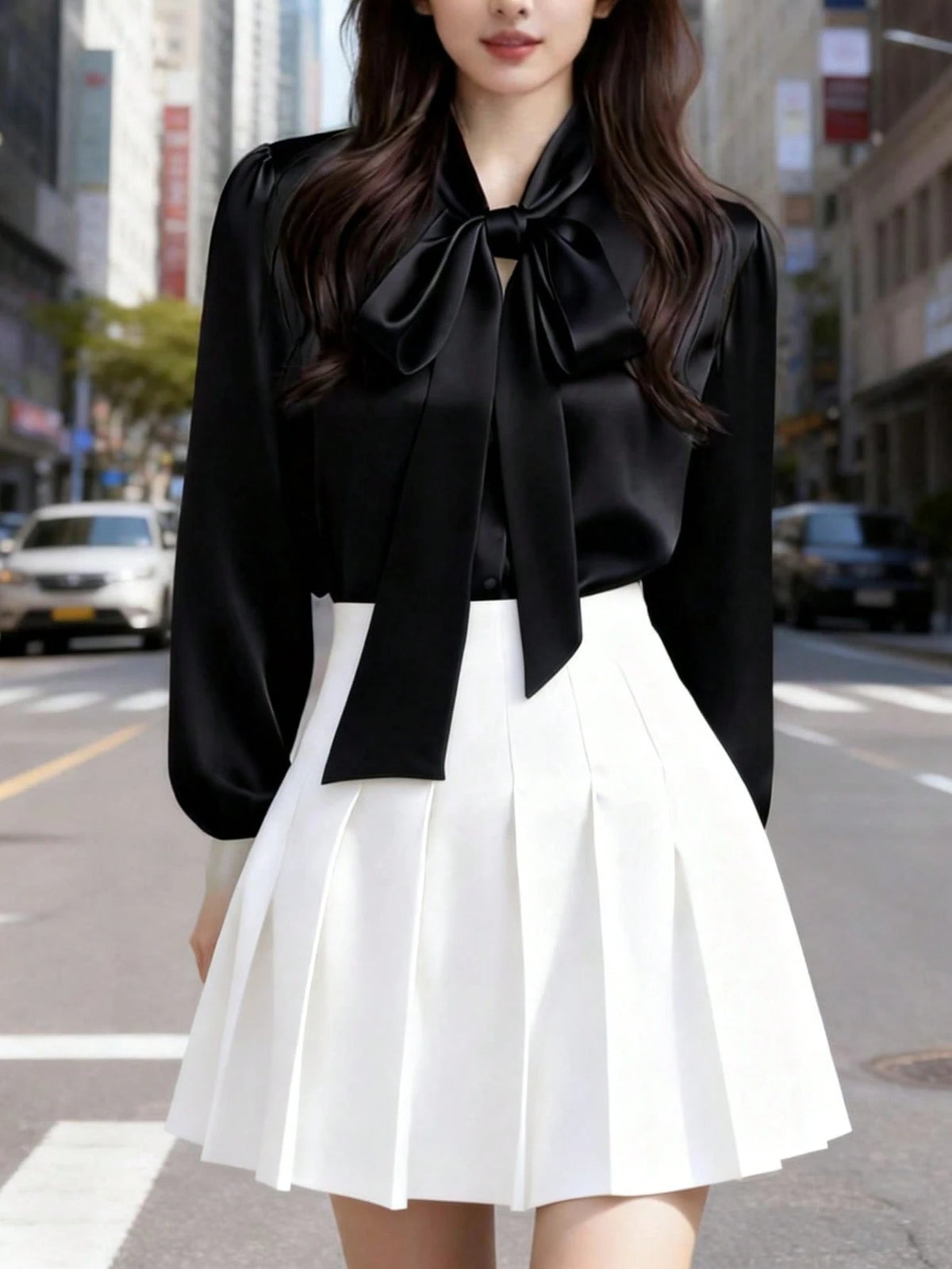 Women's Elegant Satin White Long Sleeve Casual Shirt, Versatile Commuter Chic Blouse With Bow Neck Detail, Solid Color Black