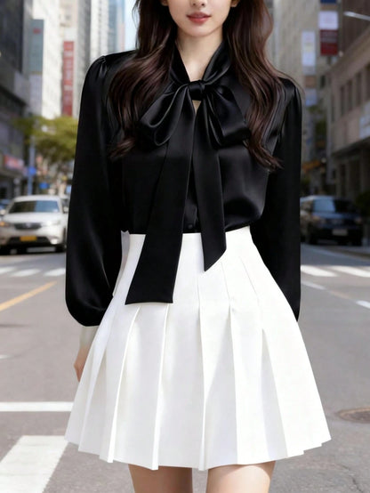 Women's Elegant Satin White Long Sleeve Casual Shirt, Versatile Commuter Chic Blouse With Bow Neck Detail, Solid Color Black