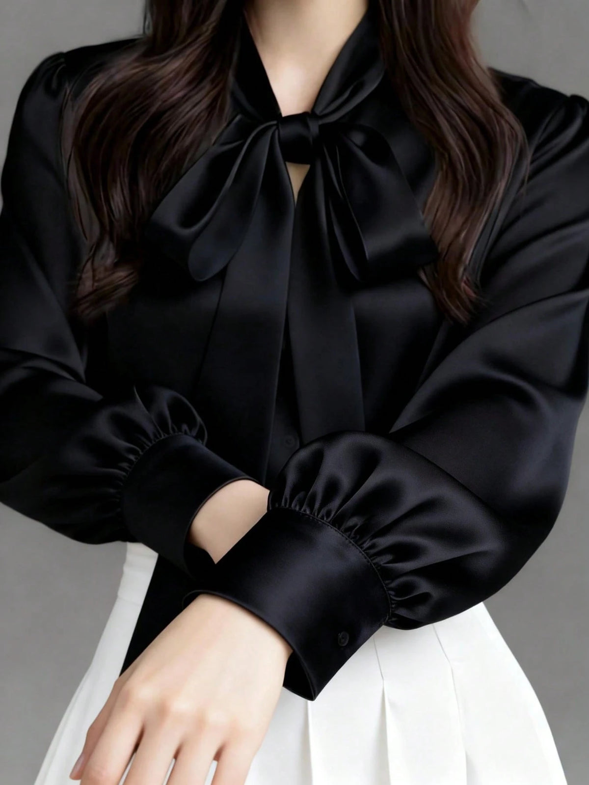 Women's Elegant Satin White Long Sleeve Casual Shirt, Versatile Commuter Chic Blouse With Bow Neck Detail, Solid Color Black