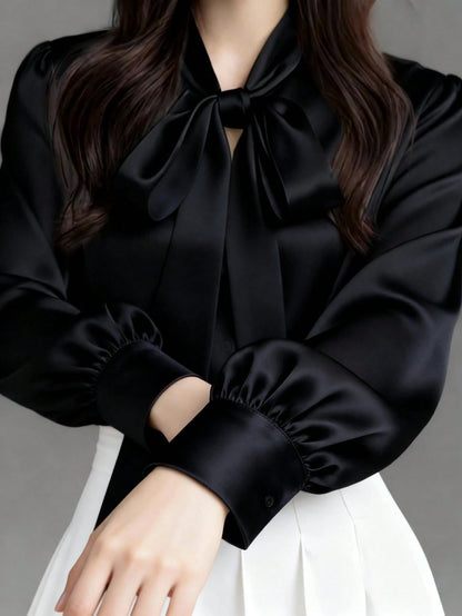 Women's Elegant Satin White Long Sleeve Casual Shirt, Versatile Commuter Chic Blouse With Bow Neck Detail, Solid Color Black
