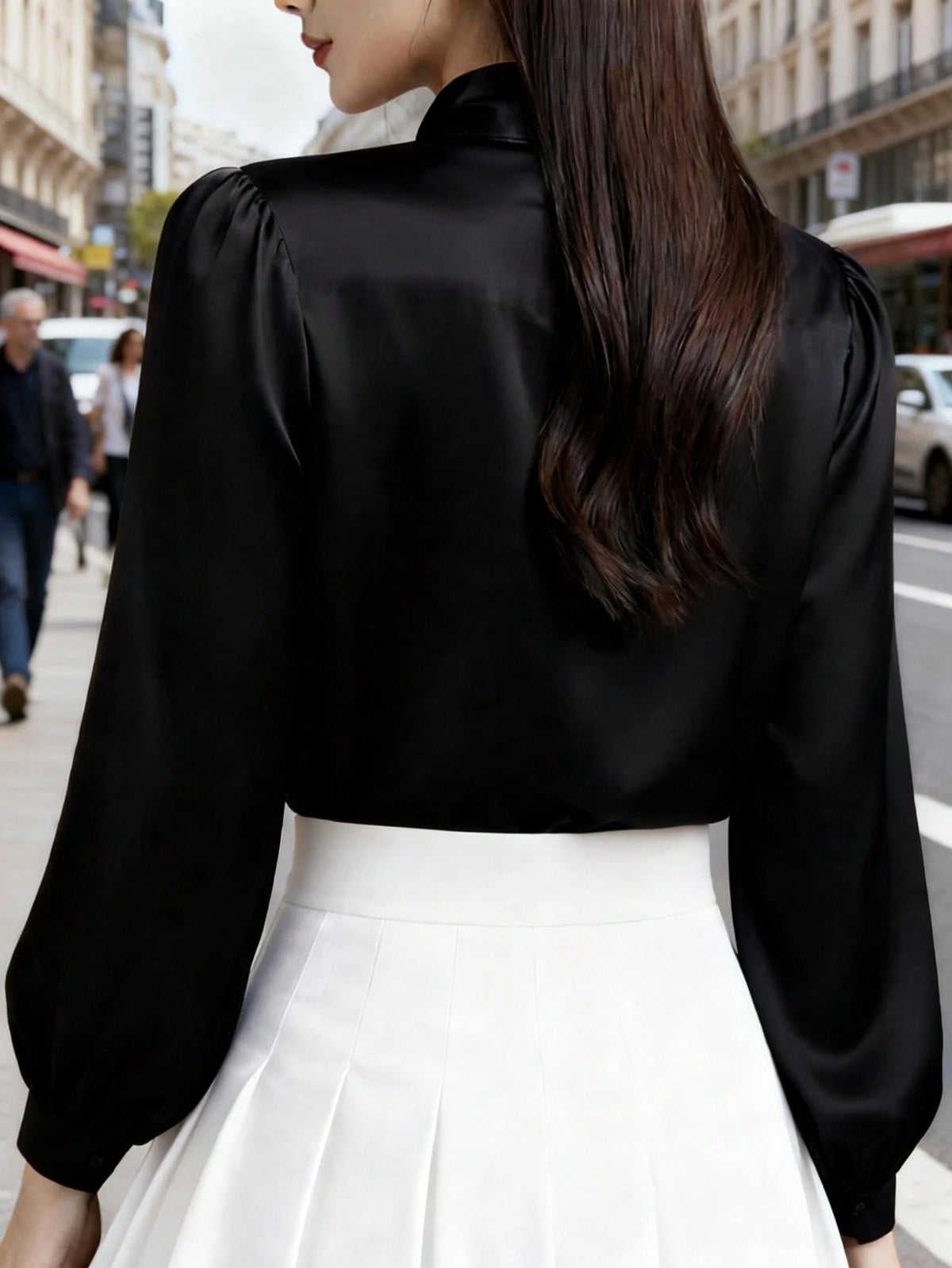 Women's Elegant Satin White Long Sleeve Casual Shirt, Versatile Commuter Chic Blouse With Bow Neck Detail, Solid Color Black