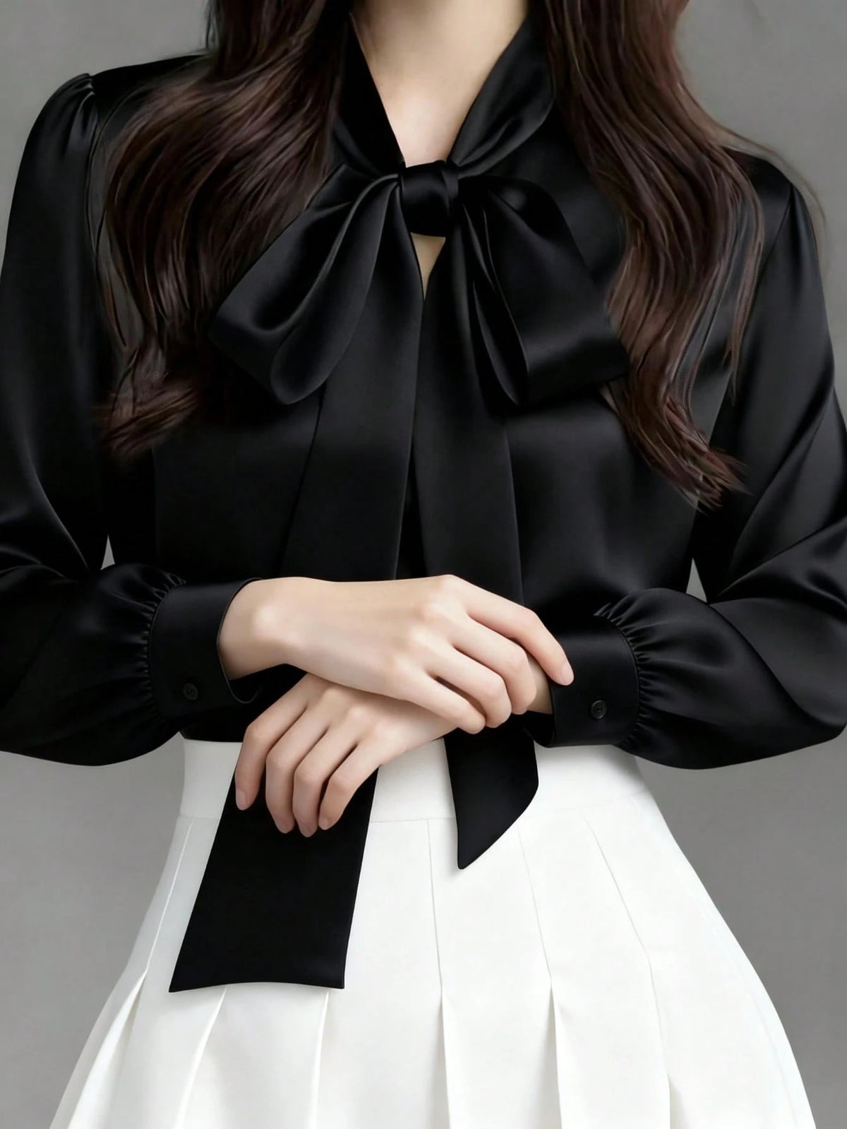 Women's Elegant Satin White Long Sleeve Casual Shirt, Versatile Commuter Chic Blouse With Bow Neck Detail, Solid Color Black