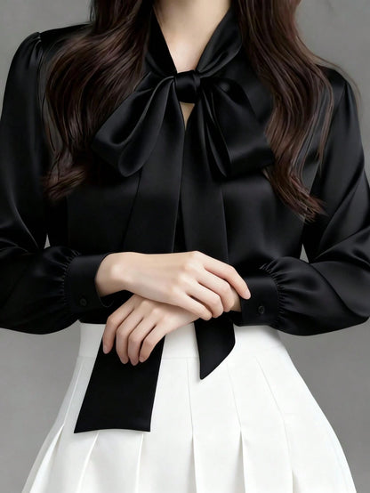 Women's Elegant Satin White Long Sleeve Casual Shirt, Versatile Commuter Chic Blouse With Bow Neck Detail, Solid Color Black