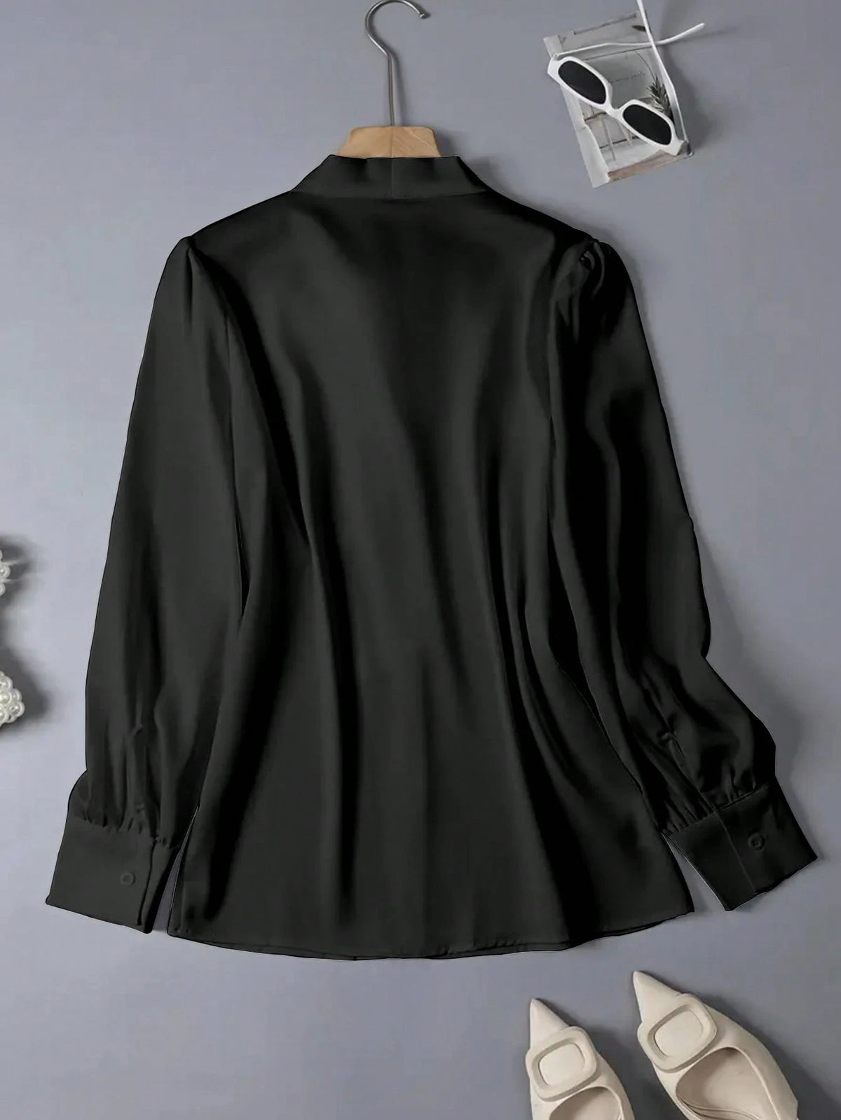 Women's Elegant Satin White Long Sleeve Casual Shirt, Versatile Commuter Chic Blouse With Bow Neck Detail, Solid Color Black